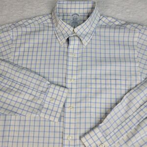 Brooks Brothers Dress Shirt Mens 16 - 34 Classic Blue Yellow Non-Iron Supima